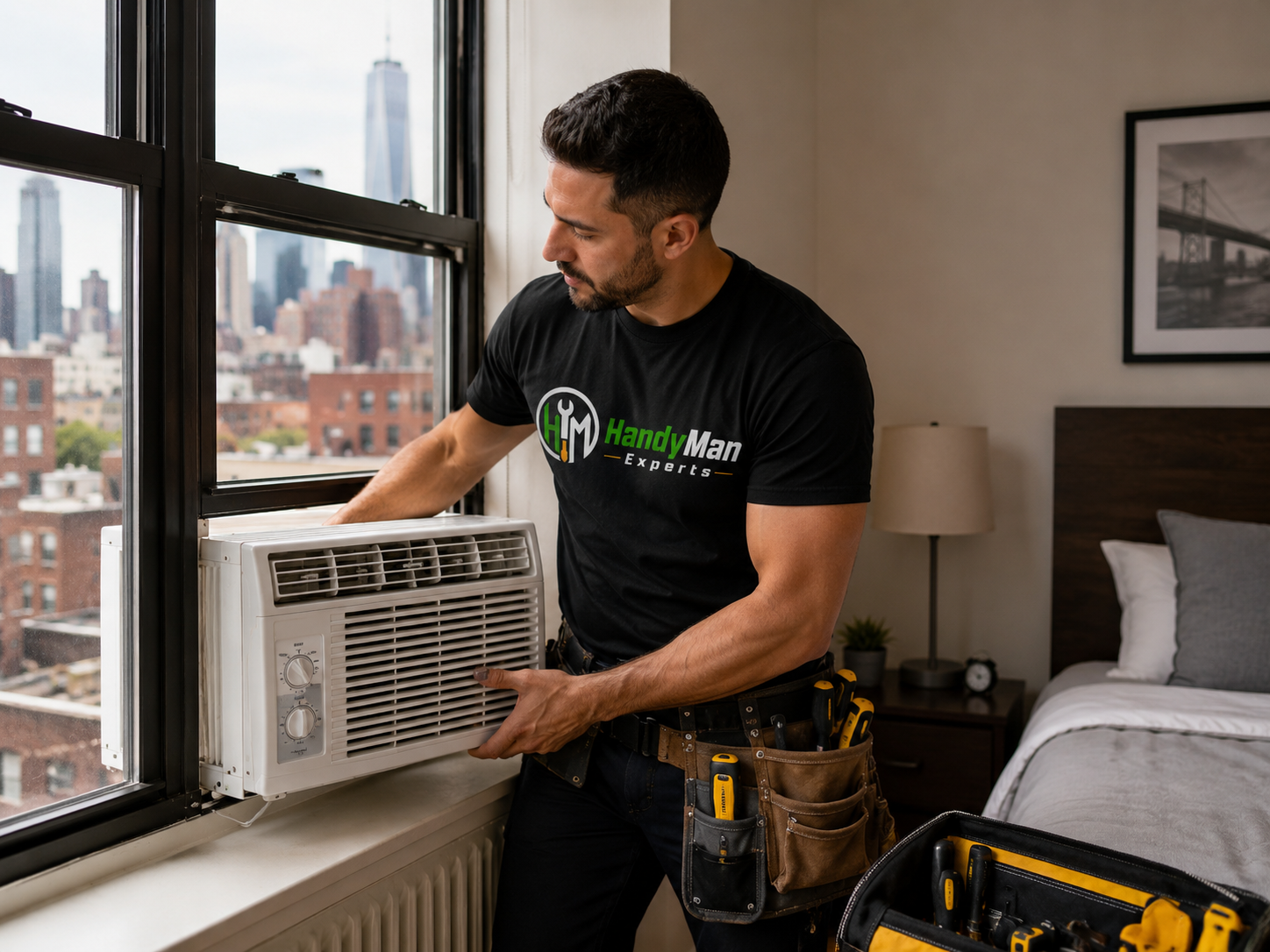 Professional handyman with tools ready to work in a New York apartment