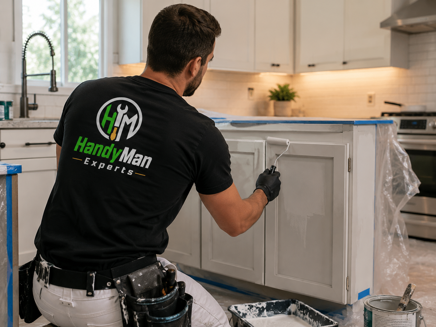 Technician repainting kitchen cabinets with a roller