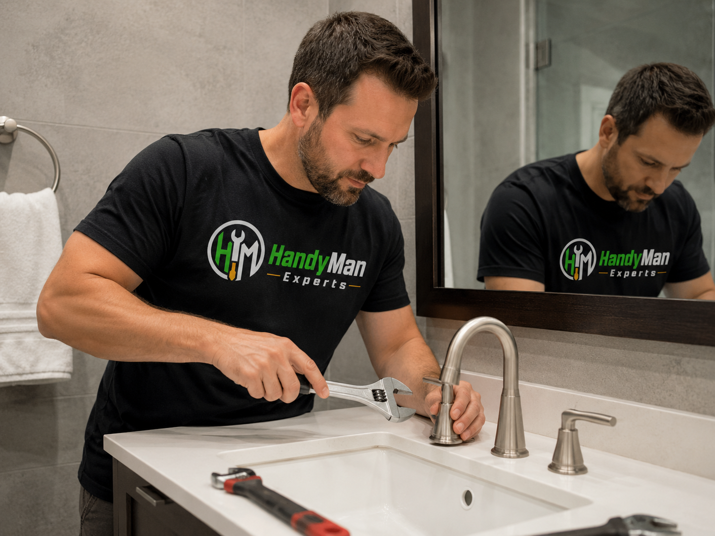 Technician fixing a bathroom faucet with a wrench
