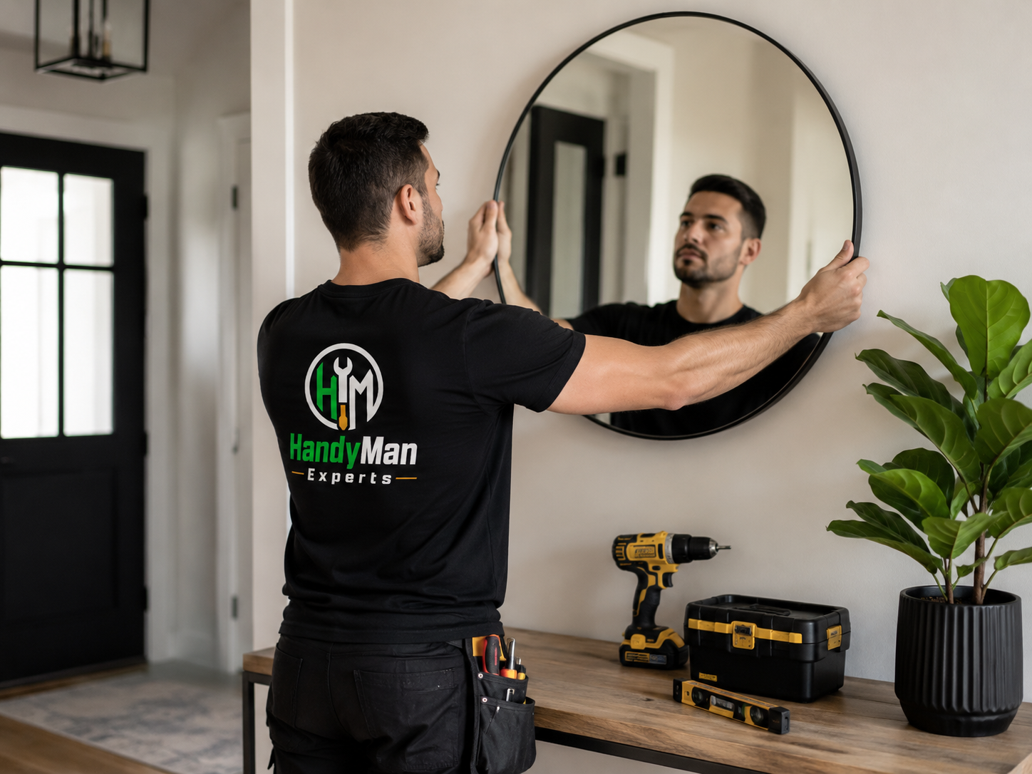 Technician hanging a large round mirror in an entryway