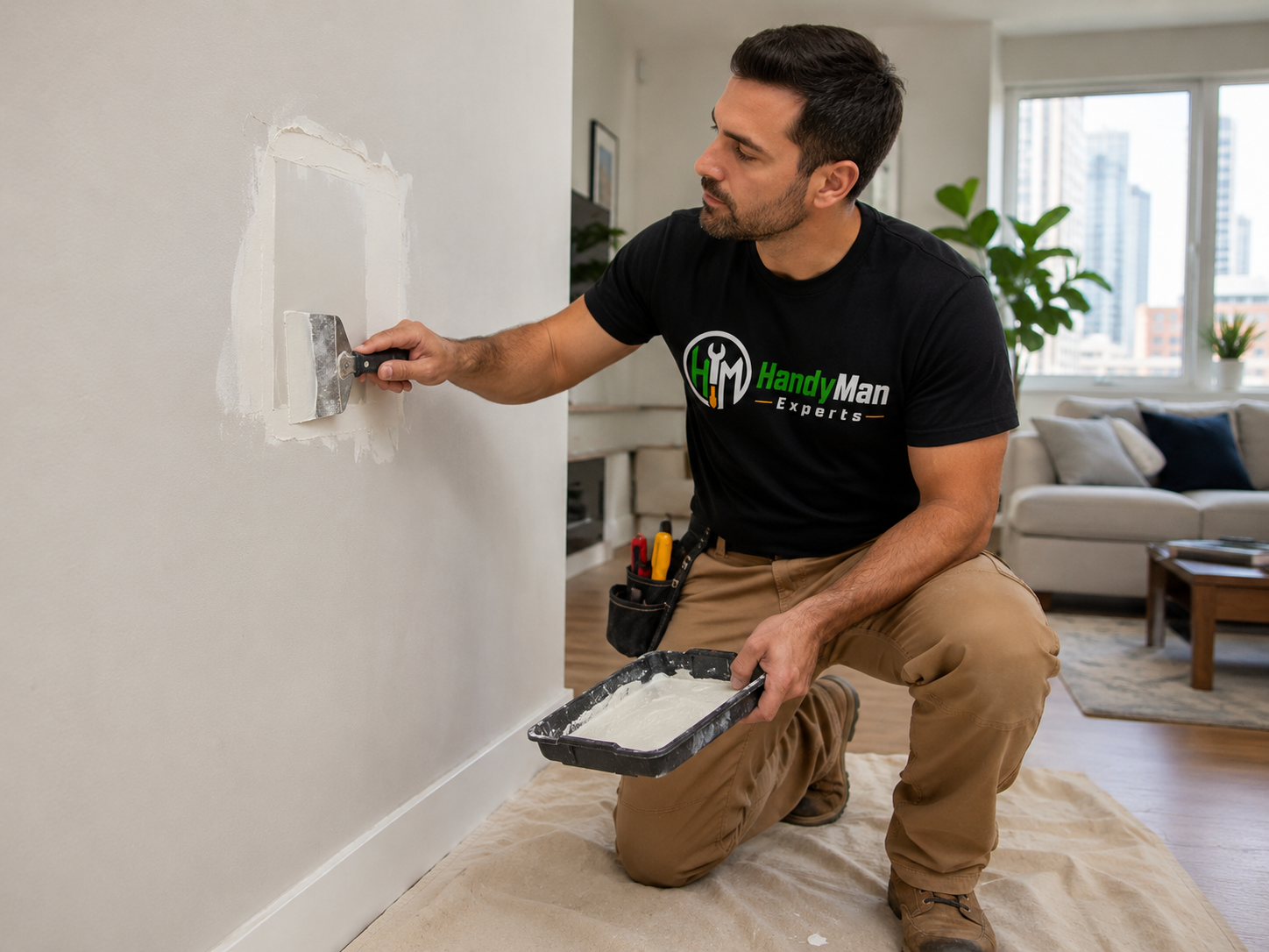 Technician patching and spackling a wall before painting